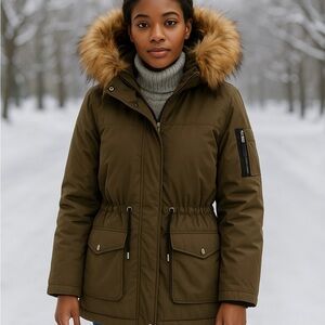 Madden Girl Emery Olive & Orange Puffer Jacket Sherpa Faux Fur Removable Hood